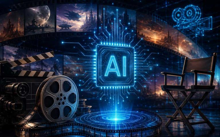 George Lucas standing inside a futuristic virtual film production studio surrounded by AI-generated cinematic visuals and advanced filmmaking technology