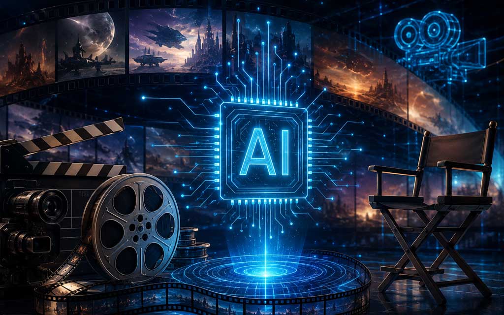 George Lucas standing inside a futuristic virtual film production studio surrounded by AI-generated cinematic visuals and advanced filmmaking technology