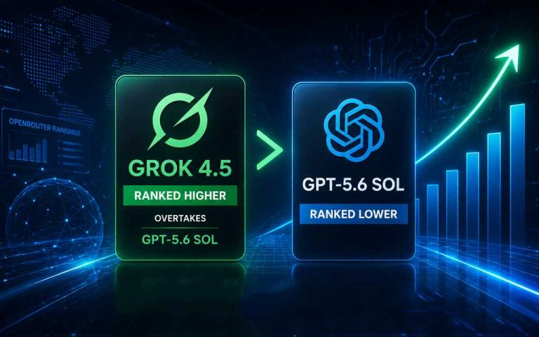 xAI Grok 4.5 rising in OpenRouter rankings after surpassing GPT-5.6 Sol and Fable 5 in token volume among closed AI models.