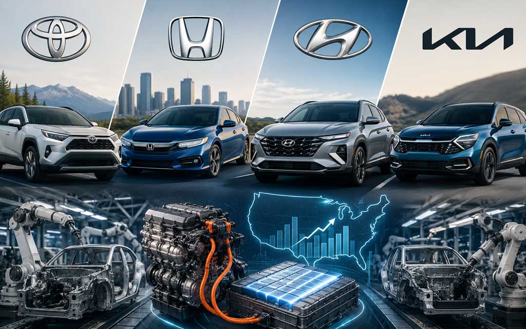 Toyota, Honda, Hyundai, and Kia are accelerating hybrid production as slowing EV demand reshapes the U.S. automotive market in 2026.