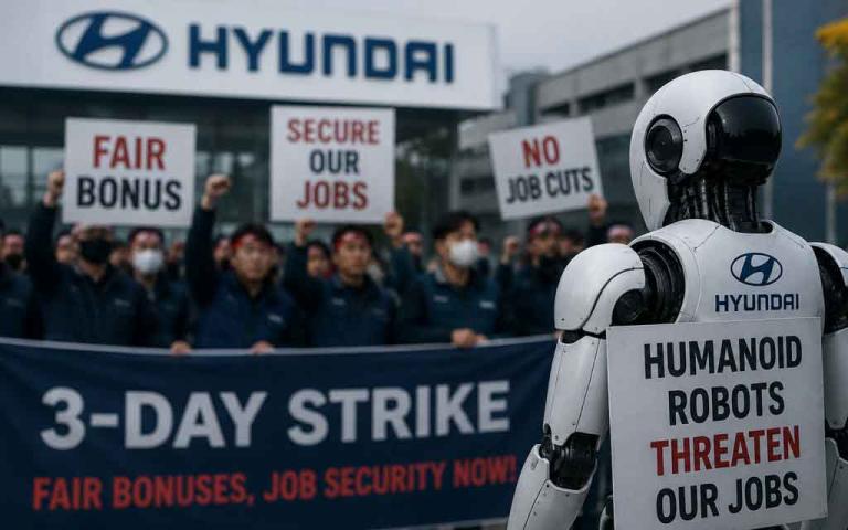 Hyundai manufacturing plant with assembly workers, Boston Dynamics-style humanoid robots, factory automation, and labor strike concept