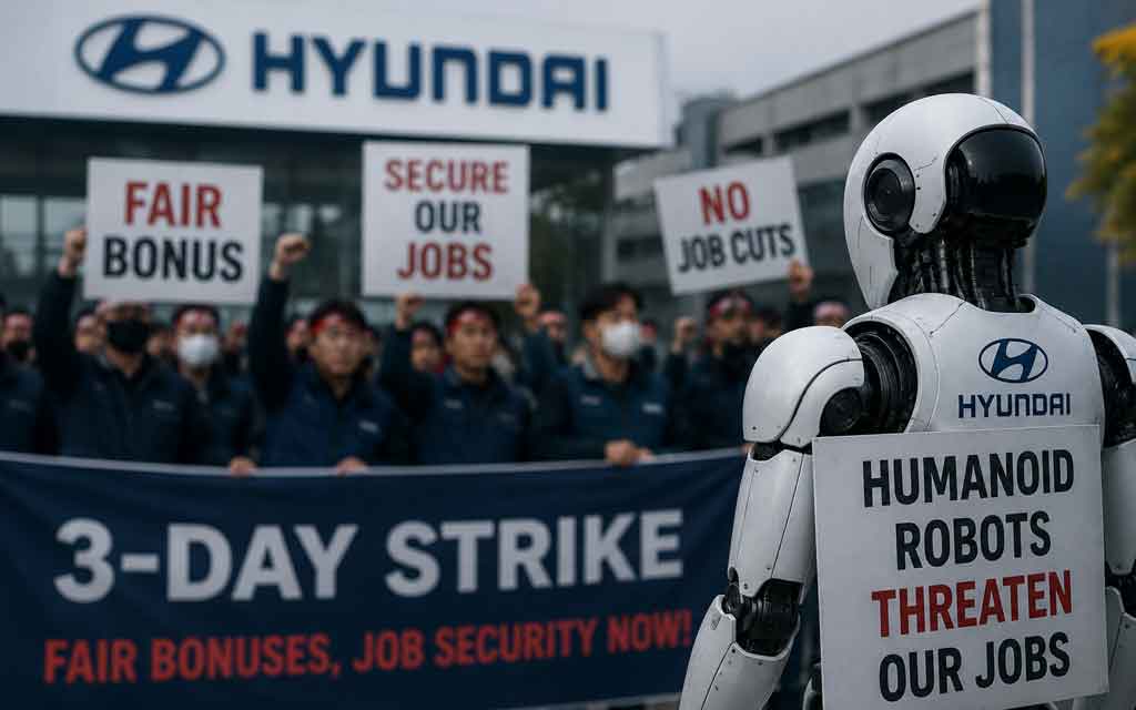 Hyundai manufacturing plant with assembly workers, Boston Dynamics-style humanoid robots, factory automation, and labor strike concept