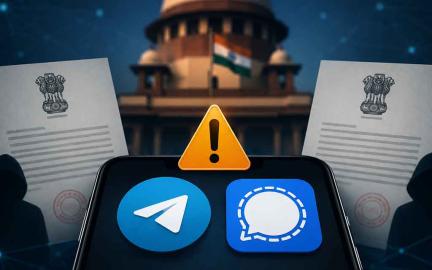 Illustration showing India's IT Ministry scrutinizing Telegram and Signal over username-based messaging features due to concerns about impersonation, online fraud, phishing, and digital security in 2026.