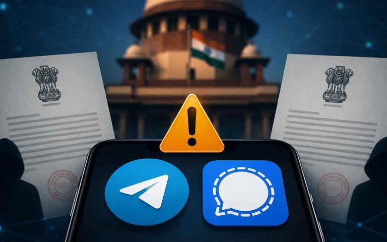 Illustration showing India's IT Ministry scrutinizing Telegram and Signal over username-based messaging features due to concerns about impersonation, online fraud, phishing, and digital security in 2026.