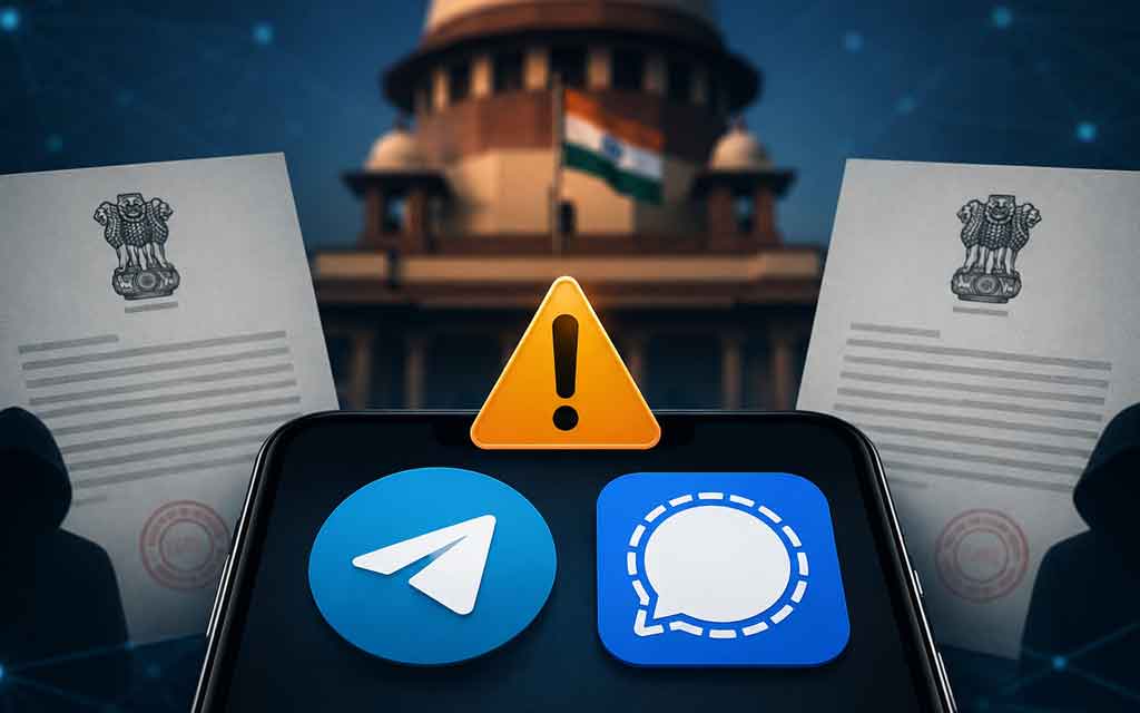 Illustration showing India's IT Ministry scrutinizing Telegram and Signal over username-based messaging features due to concerns about impersonation, online fraud, phishing, and digital security in 2026.