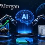 AI-powered investment dashboard showing autonomous portfolio allocation between stocks and bonds with JPMorgan branding and financial market analytics