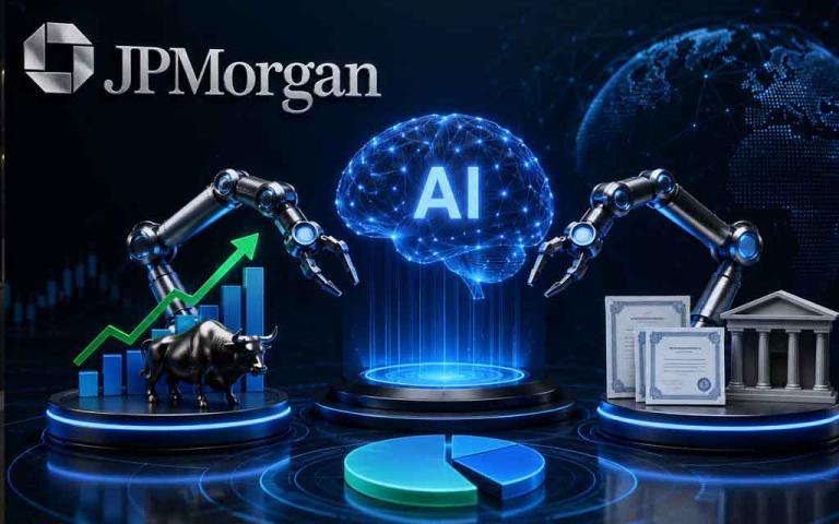 AI-powered investment dashboard showing autonomous portfolio allocation between stocks and bonds with JPMorgan branding and financial market analytics