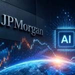 Concept illustration of AI-driven financial markets with stock charts, data centers, semiconductor chips, and artificial intelligence representing JPMorgan's AI trade analysis.
