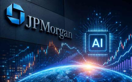 Concept illustration of AI-driven financial markets with stock charts, data centers, semiconductor chips, and artificial intelligence representing JPMorgan's AI trade analysis.