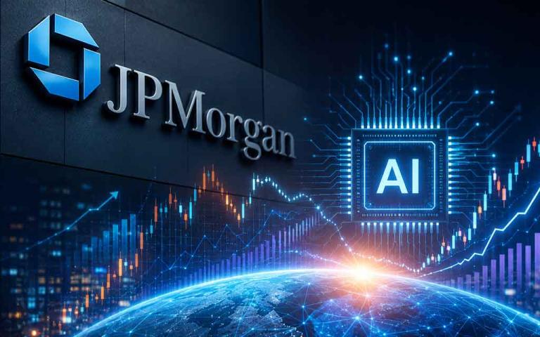 Concept illustration of AI-driven financial markets with stock charts, data centers, semiconductor chips, and artificial intelligence representing JPMorgan's AI trade analysis.