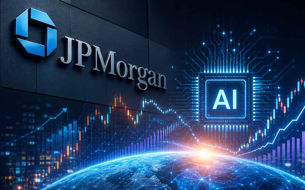 Concept illustration of AI-driven financial markets with stock charts, data centers, semiconductor chips, and artificial intelligence representing JPMorgan's AI trade analysis.