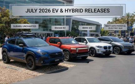 Illustration featuring the latest July 2026 electric and hybrid vehicles in the USA, including the Subaru Uncharted, Rivian R2, BMW iX3, and other next-generation electric SUVs.