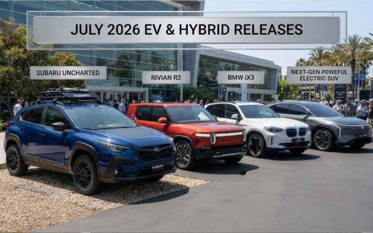 Illustration featuring the latest July 2026 electric and hybrid vehicles in the USA, including the Subaru Uncharted, Rivian R2, BMW iX3, and other next-generation electric SUVs.