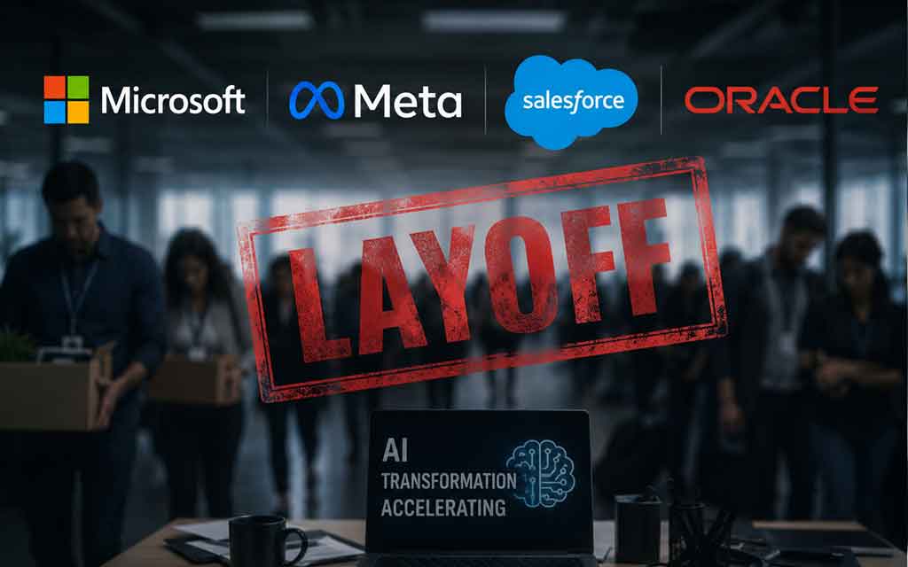 Illustration showing Microsoft, Meta, Salesforce, and Oracle logos with software engineers, AI technology, and workforce restructuring representing July 2026 tech layoffs