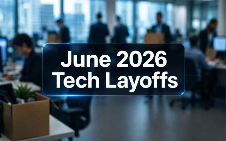 Illustration highlighting major June 2026 tech layoffs across AI, software, and electric vehicle companies, including Oracle, Lucid Motors, GitLab, Elastic, and Bungie.