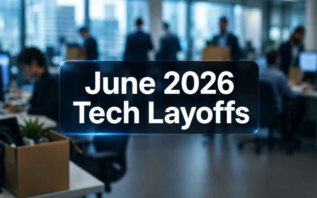 Illustration highlighting major June 2026 tech layoffs across AI, software, and electric vehicle companies, including Oracle, Lucid Motors, GitLab, Elastic, and Bungie.