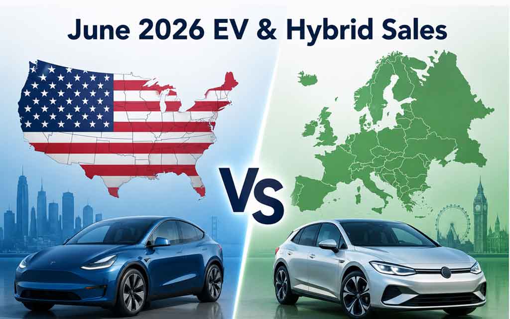Comparison of June 2026 EV and hybrid sales between the United States and Europe, highlighting market share, sales growth, and electrification trends.