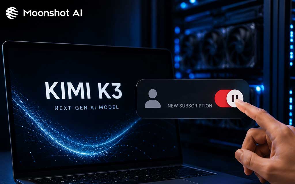 Moonshot AI temporarily pauses new Kimi AI subscriptions after explosive demand for Kimi K3 strains GPU infrastructure, underscoring the global AI compute race.