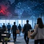 Blurred employees leaving a modern technology office as Amazon, Microsoft, Monday.com, Uber, and EV companies announce layoffs amid AI-driven restructuring in July 2026.