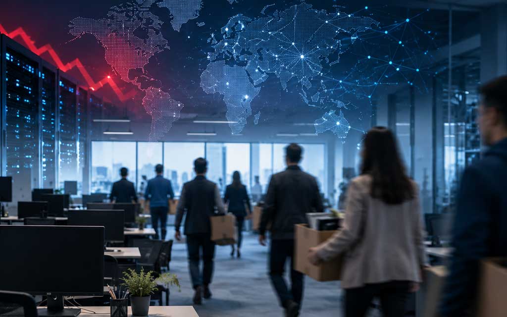 Blurred employees leaving a modern technology office as Amazon, Microsoft, Monday.com, Uber, and EV companies announce layoffs amid AI-driven restructuring in July 2026.