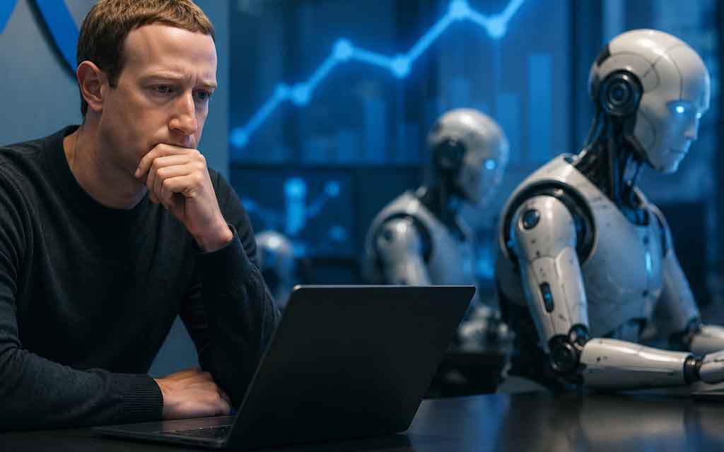 Illustration of Mark Zuckerberg with AI agent concepts, neural networks, and Meta-inspired technology graphics, highlighting Meta’s slower-than-expected AI agent development in 2026.