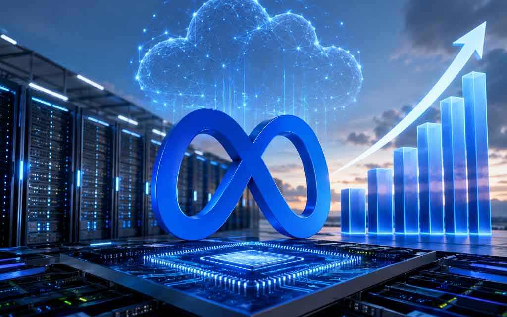 Concept illustration of Meta AI data centers powered by next-generation AI chips supporting massive computing infrastructure.