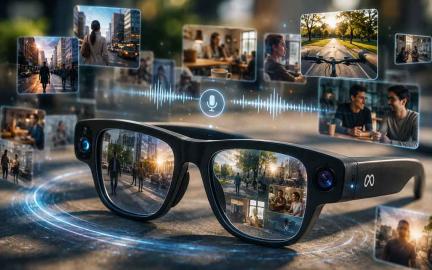 Concept of Meta AI smart glasses continuously capturing photos and audio with AI-powered memory and daily summaries.