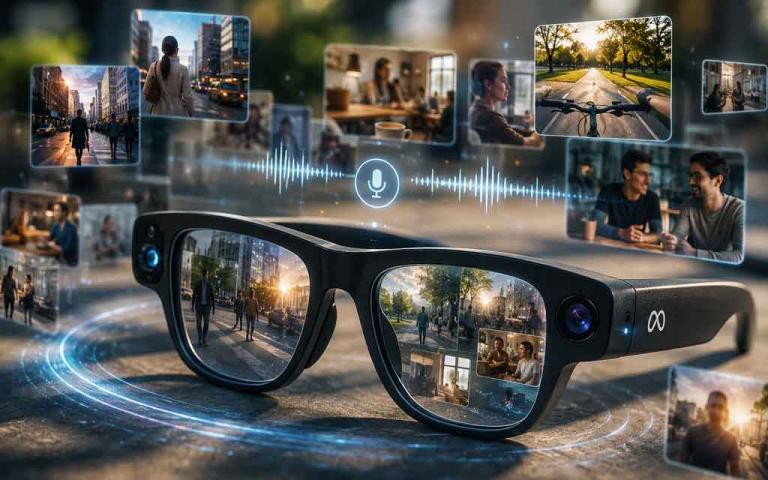 Concept of Meta AI smart glasses continuously capturing photos and audio with AI-powered memory and daily summaries.