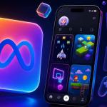 Illustration of Meta Pocket AI app creating interactive vibe-coded mini-games from text prompts, showcasing AI-powered social gaming and creative experiences on mobile devices.