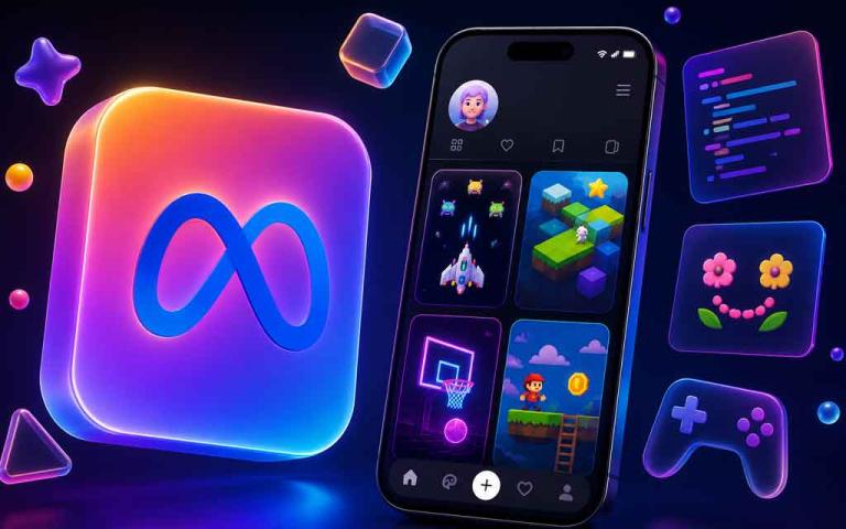 Illustration of Meta Pocket AI app creating interactive vibe-coded mini-games from text prompts, showcasing AI-powered social gaming and creative experiences on mobile devices.
