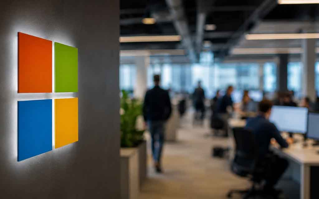 Microsoft logo with AI graphics and Xbox controller representing Microsoft's 4,800 job cuts and AI investment strategy.