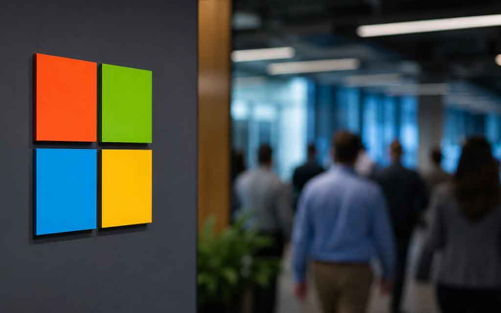 Microsoft headquarters with AI-themed digital graphics representing workforce restructuring, artificial intelligence investment, cloud computing, and technology layoffs in 2026.
