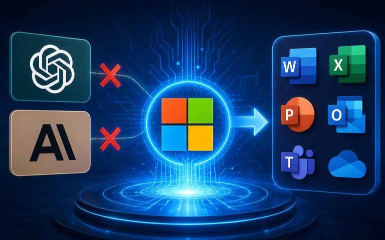 Illustration of Microsoft 365 apps powered by Microsoft's in-house MAI AI models replacing third-party AI services.