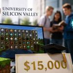 Minecraft-inspired student standing beside a graduation cap and pixelated trophy representing the University of Silicon Valley’s $15,000 Minecraft scholarship