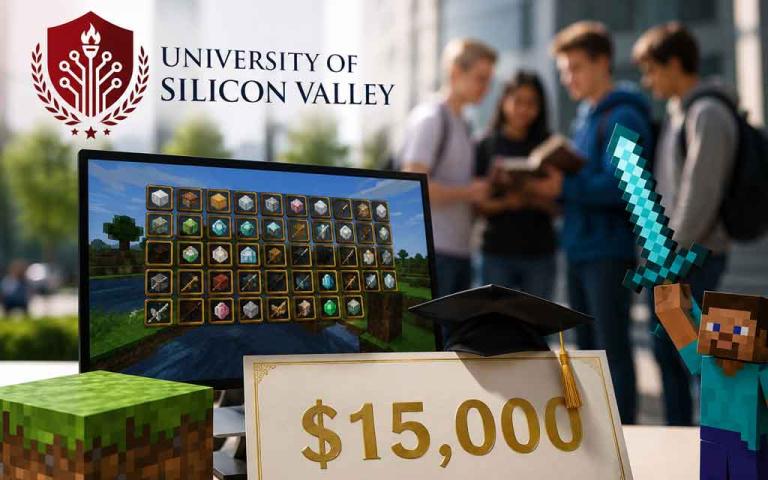 Minecraft-inspired student standing beside a graduation cap and pixelated trophy representing the University of Silicon Valley’s $15,000 Minecraft scholarship