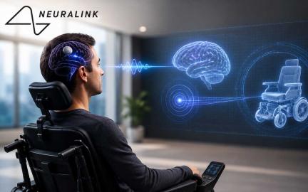 Paralyzed Neuralink clinical trial participant controlling a powered wheelchair using a brain-computer interface and thought-controlled technology.