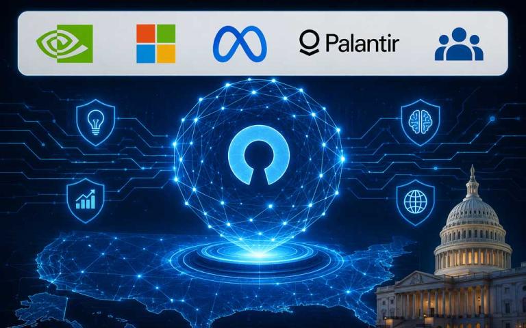 Logos of Nvidia, Microsoft, Meta, Palantir, and other technology companies supporting open-weight AI models through a joint policy letter.