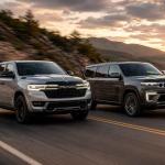 Ram 1500 REV electric pickup and Jeep Grand Wagoneer EREV SUV showcasing Stellantis' new extended-range electric vehicle technology.