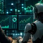 Illustration of AI-powered trading agents analyzing financial markets alongside stock charts, representing Robinhood CEO Vlad Tenev's vision of agentic AI matching human traders in 2026.