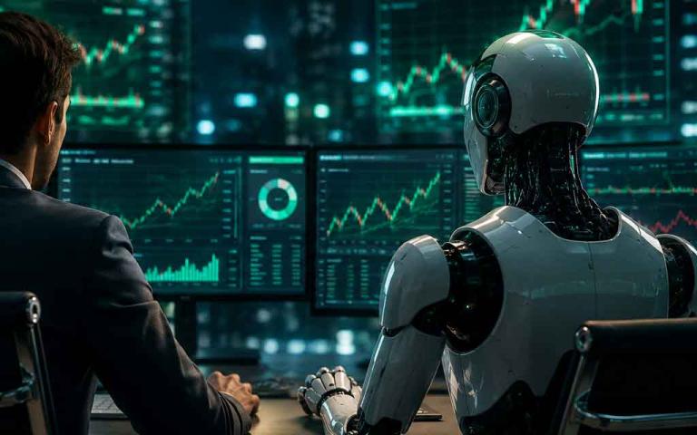 Illustration of AI-powered trading agents analyzing financial markets alongside stock charts, representing Robinhood CEO Vlad Tenev's vision of agentic AI matching human traders in 2026.