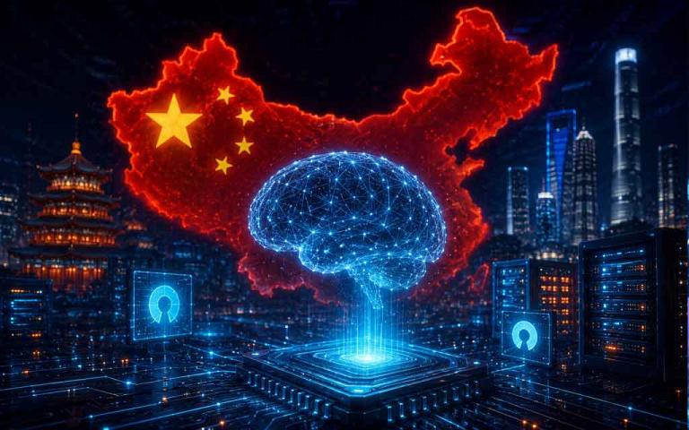 Concept illustration of Sam Altman alongside open-source AI models representing China's growing influence in artificial intelligence and global AI competition.