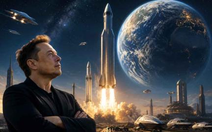 SpaceX Starship launching toward Mars with Earth and the Moon in the background, representing Elon Musk's vision of a multi-planetary civilization