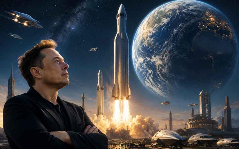 SpaceX Starship launching toward Mars with Earth and the Moon in the background, representing Elon Musk's vision of a multi-planetary civilization