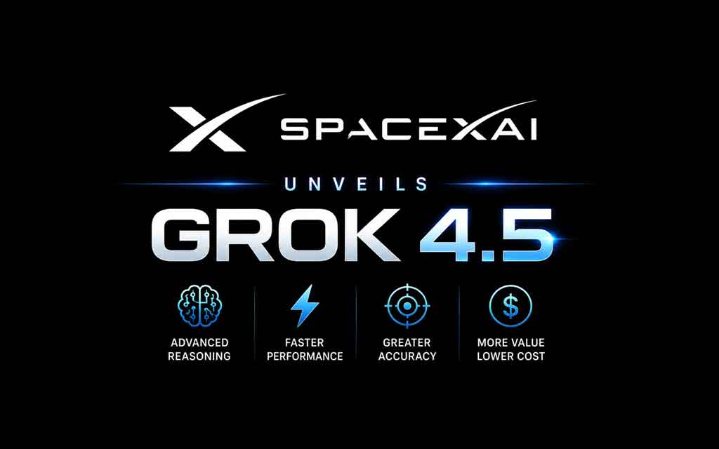 SpaceXAI Grok 4.5 AI model visualization highlighting fast reasoning, efficient compute, and next-generation artificial intelligence technology.