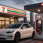 Tesla Superchargers installed at a 7-Eleven convenience store in Japan with Tesla electric vehicles charging outside