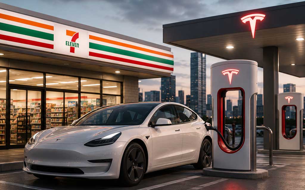 Tesla Superchargers installed at a 7-Eleven convenience store in Japan with Tesla electric vehicles charging outside