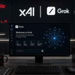 Tesla engineers using Grok AI on computer workstations with Tesla, xAI, and Grok branding representing Elon Musk's internal AI strategy