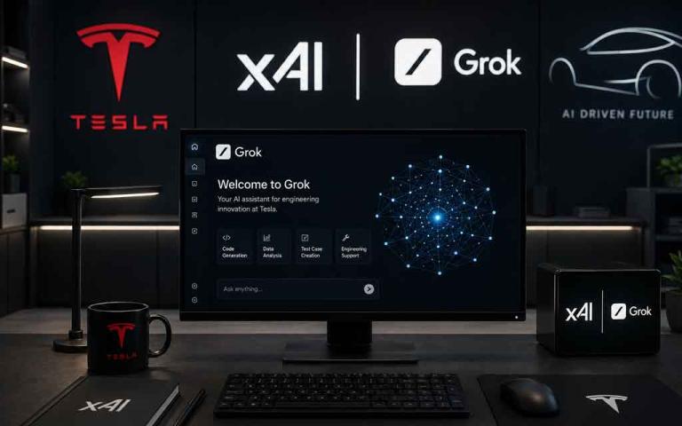 Tesla engineers using Grok AI on computer workstations with Tesla, xAI, and Grok branding representing Elon Musk's internal AI strategy