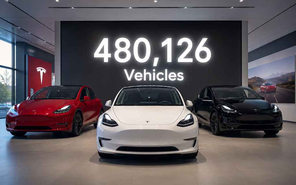 Tesla Model Y and Model 3 vehicles representing Tesla's record Q2 2026 global deliveries.
