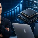 Apple CEO Tim Cook discussing the AI-driven memory chip shortage alongside MacBook and iPad devices, highlighting rising DRAM and NAND costs affecting consumer electronics in 2026.